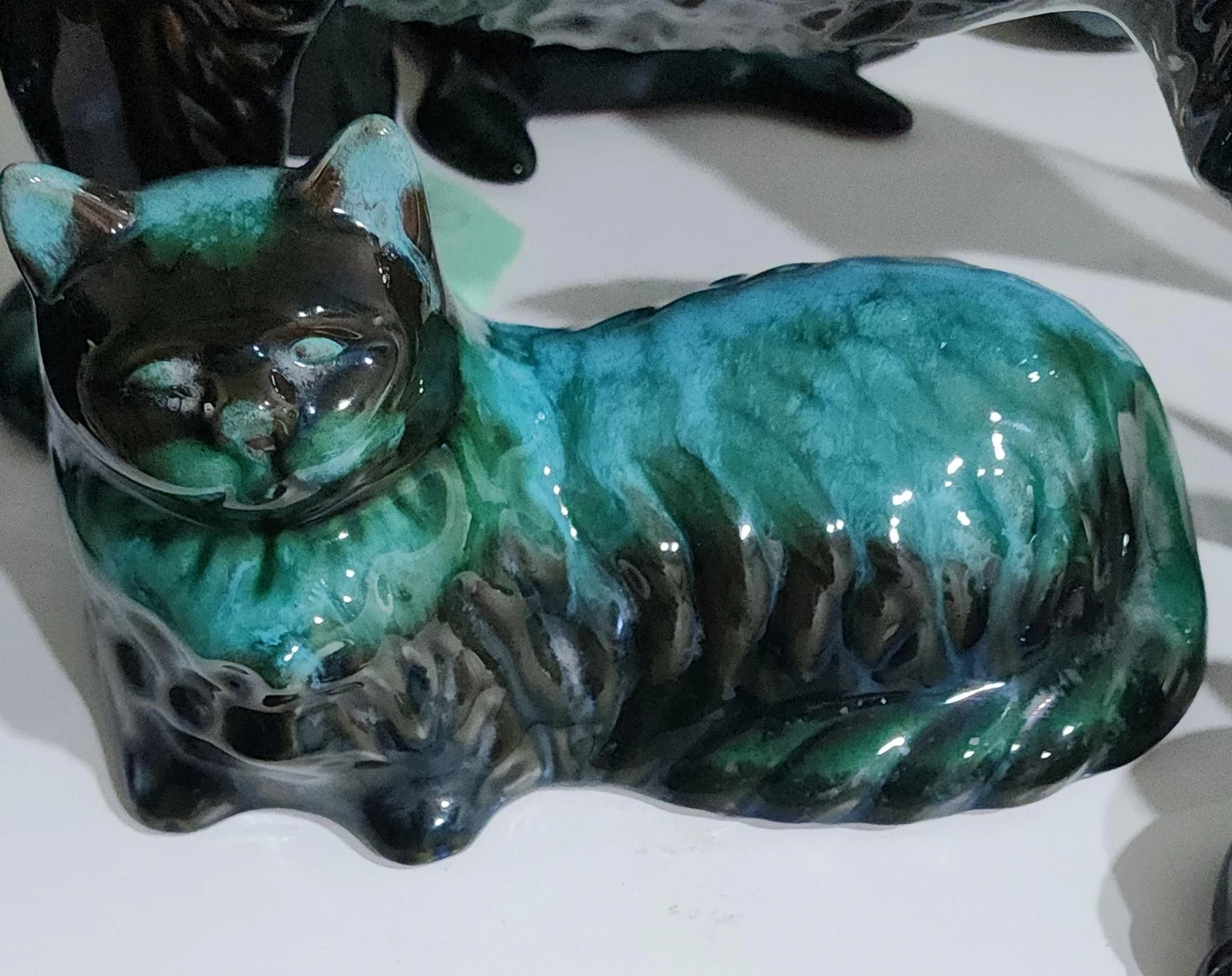 Ceramic Cat Figurine - Teal and Black Glaze
