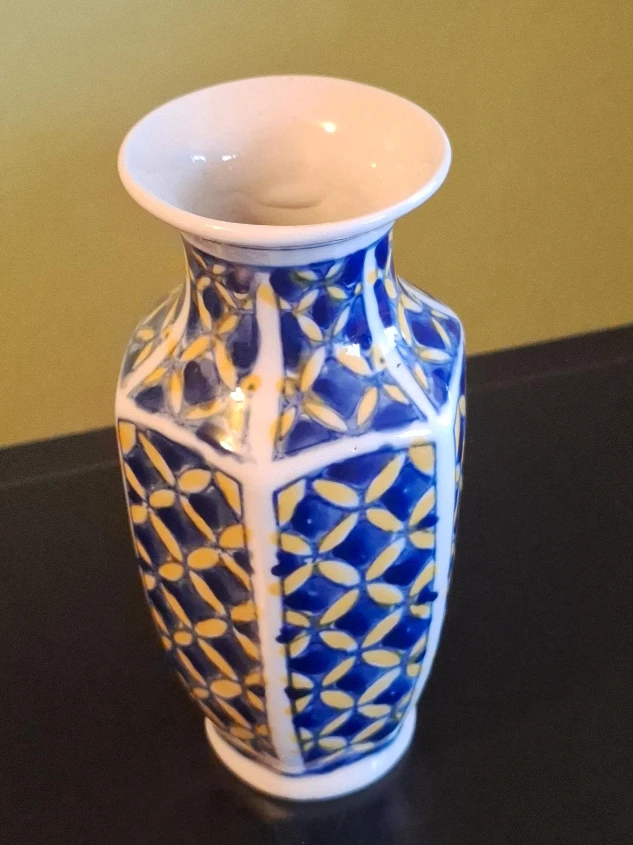 Blue and Yellow Geometric Pattern Ceramic Vase