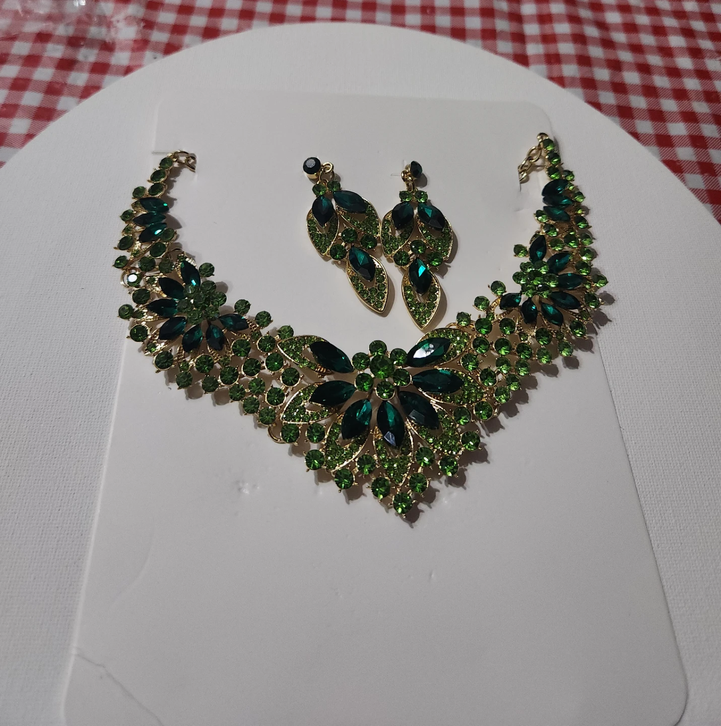 Green Rhinestone Necklace and Earrings Set