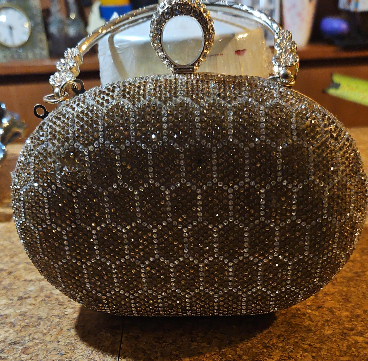Sparkly Gold Clutch Evening Bag with Ring Handle