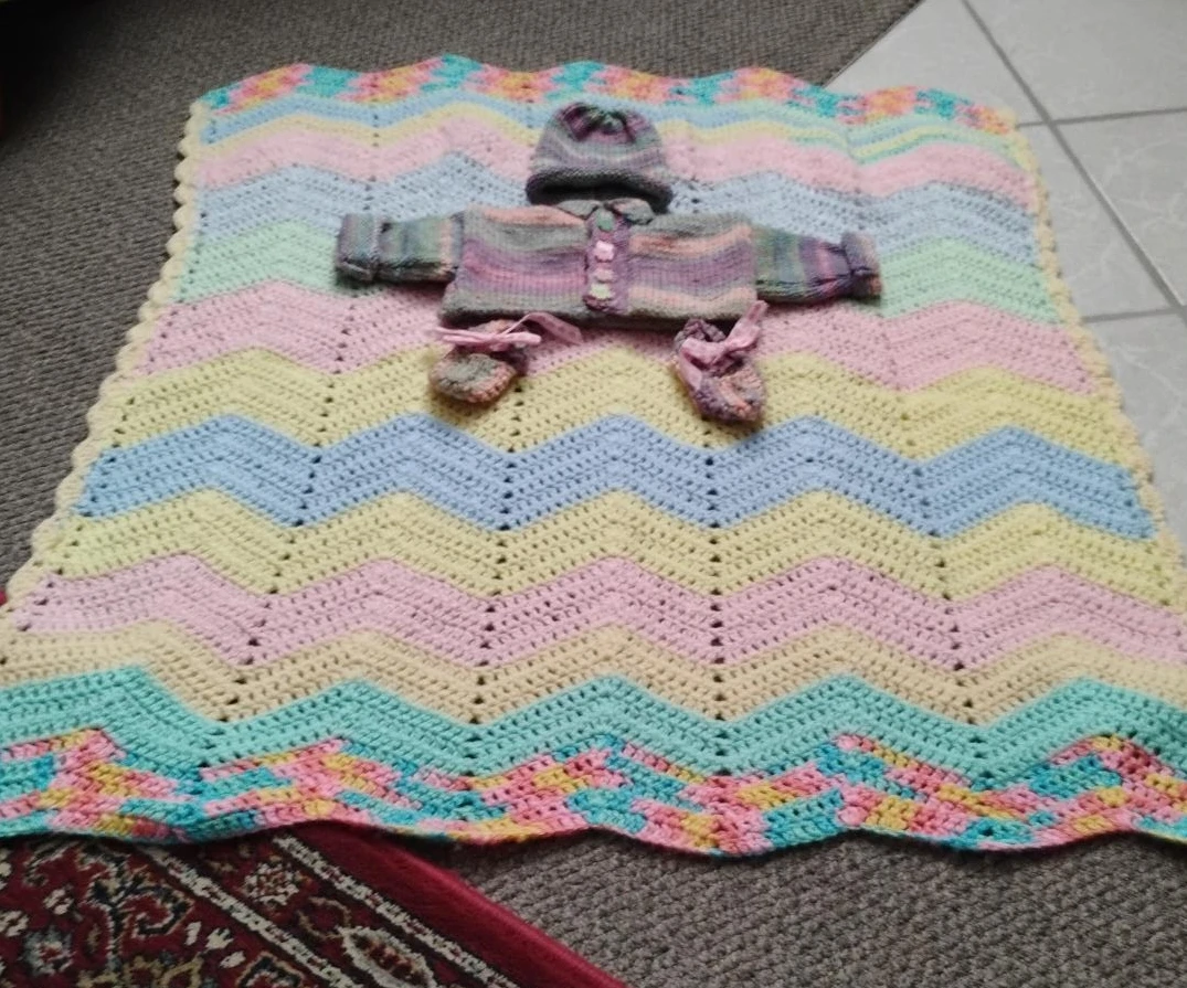 Hand-knitted Baby Blanket, Sweater, Hat & Booties Set