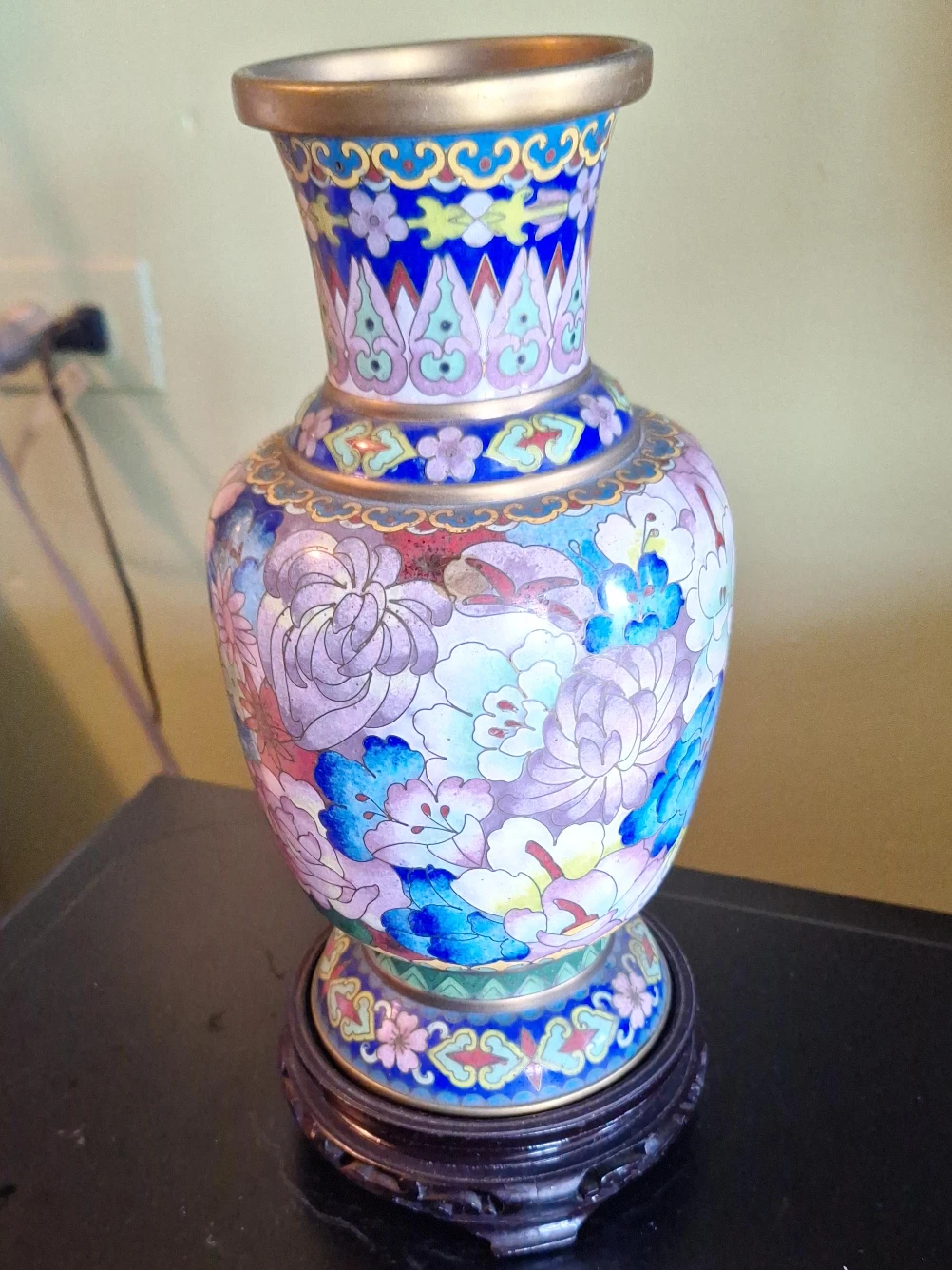 Cloisonné Vase with Floral Design and Wood Stand