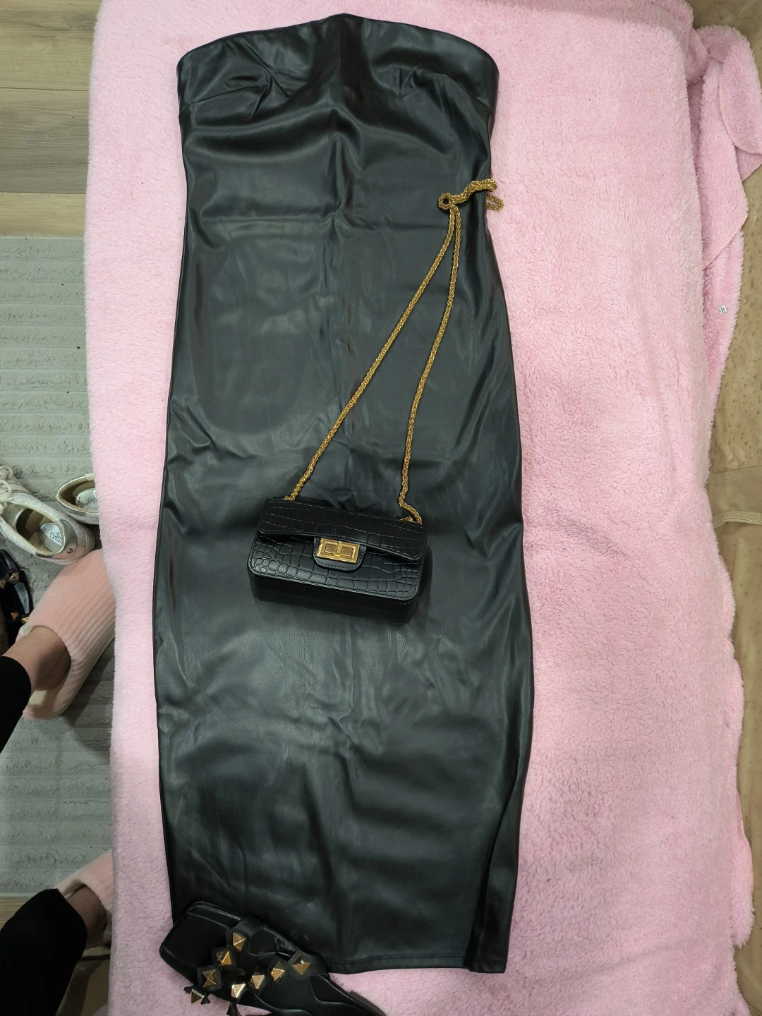 Black Faux Leather Strapless Dress