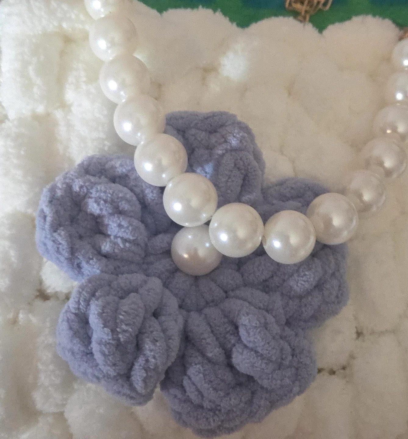 Handmade Crochet Flower Brooch with Faux Pearl Necklace