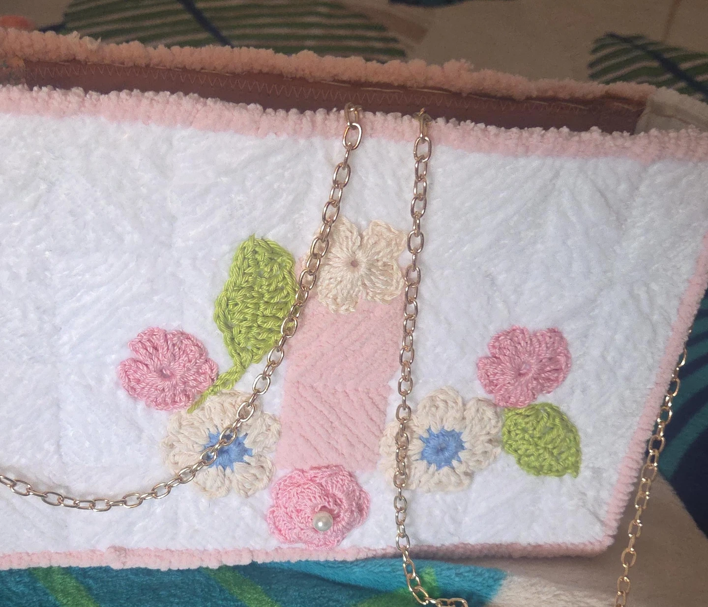 Handmade Crochet Floral Clutch Bag with Chain Strap