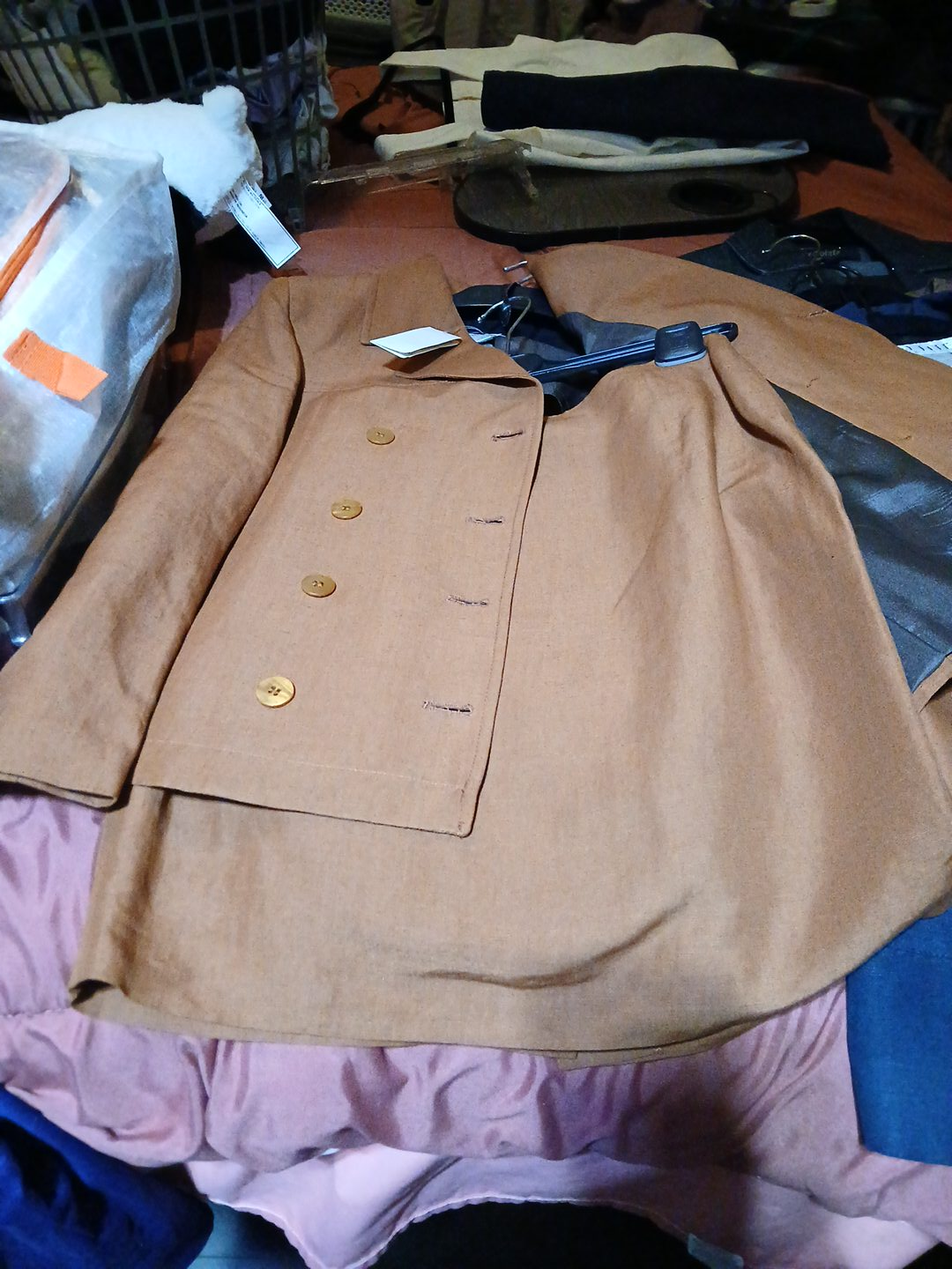 Brown Double-Breasted Jacket and Skirt Set