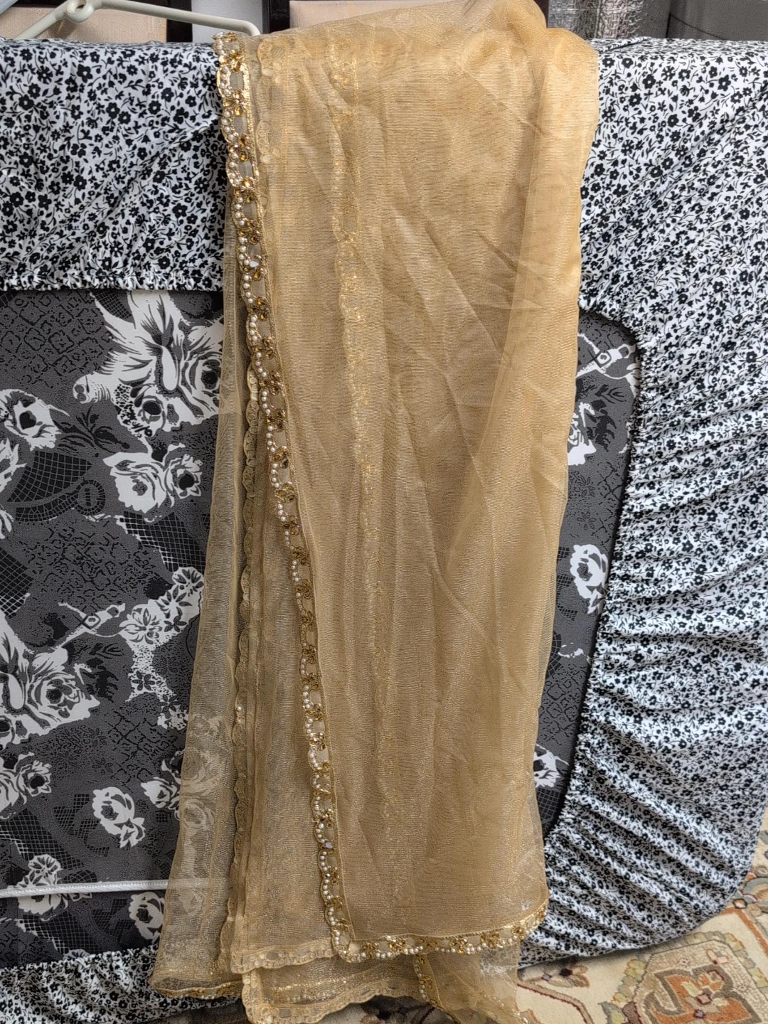 Gold Net Dupatta with Beaded Border