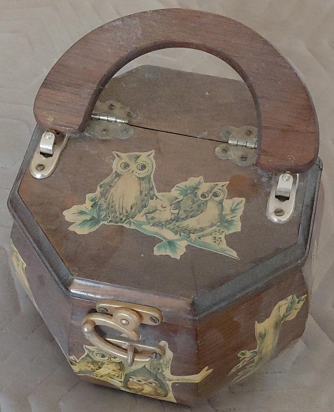 Vintage Wooden Hexagonal Trinket Box with Owl Decal