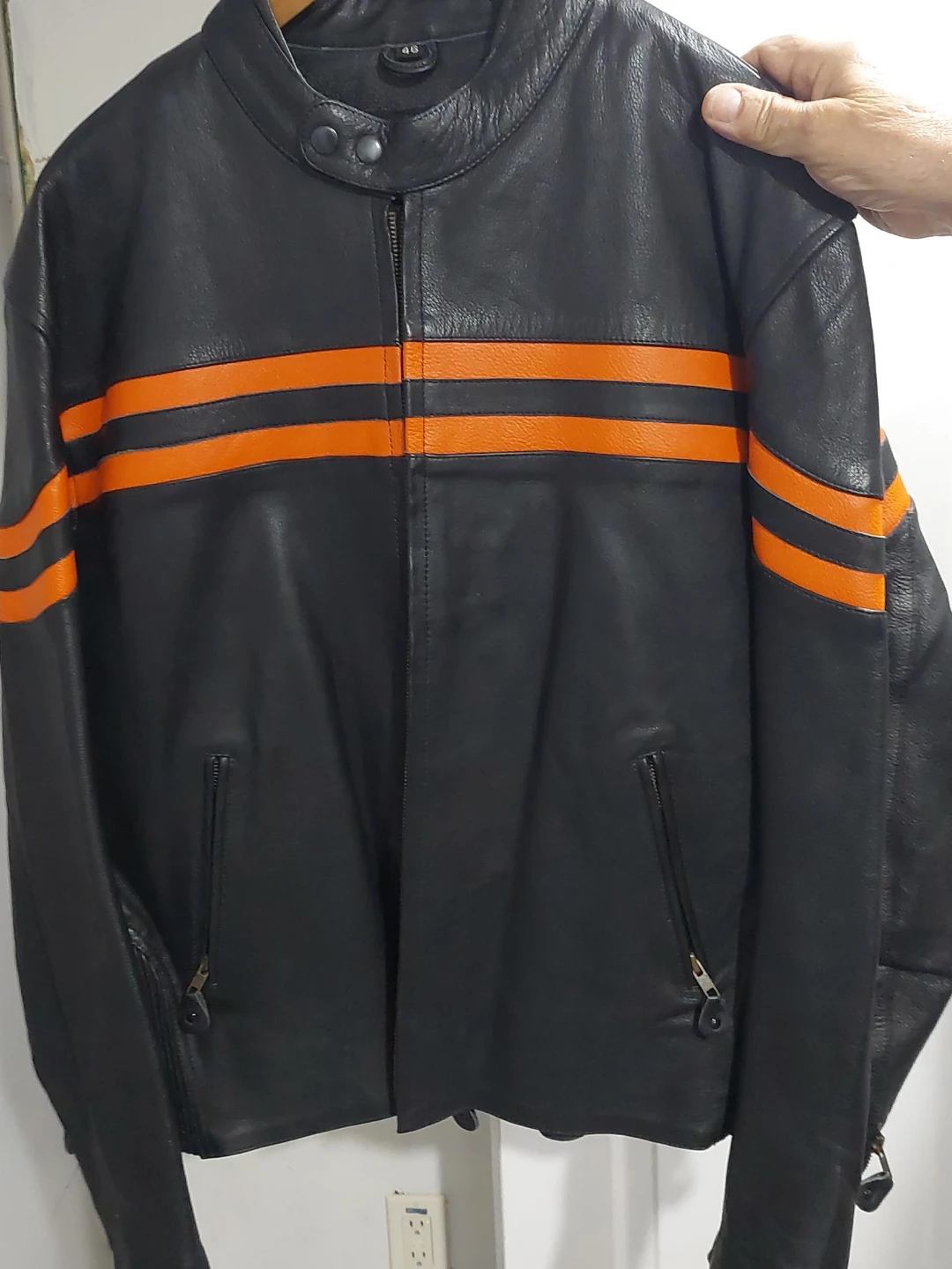 Black Leather Motorcycle Jacket with Orange Stripes