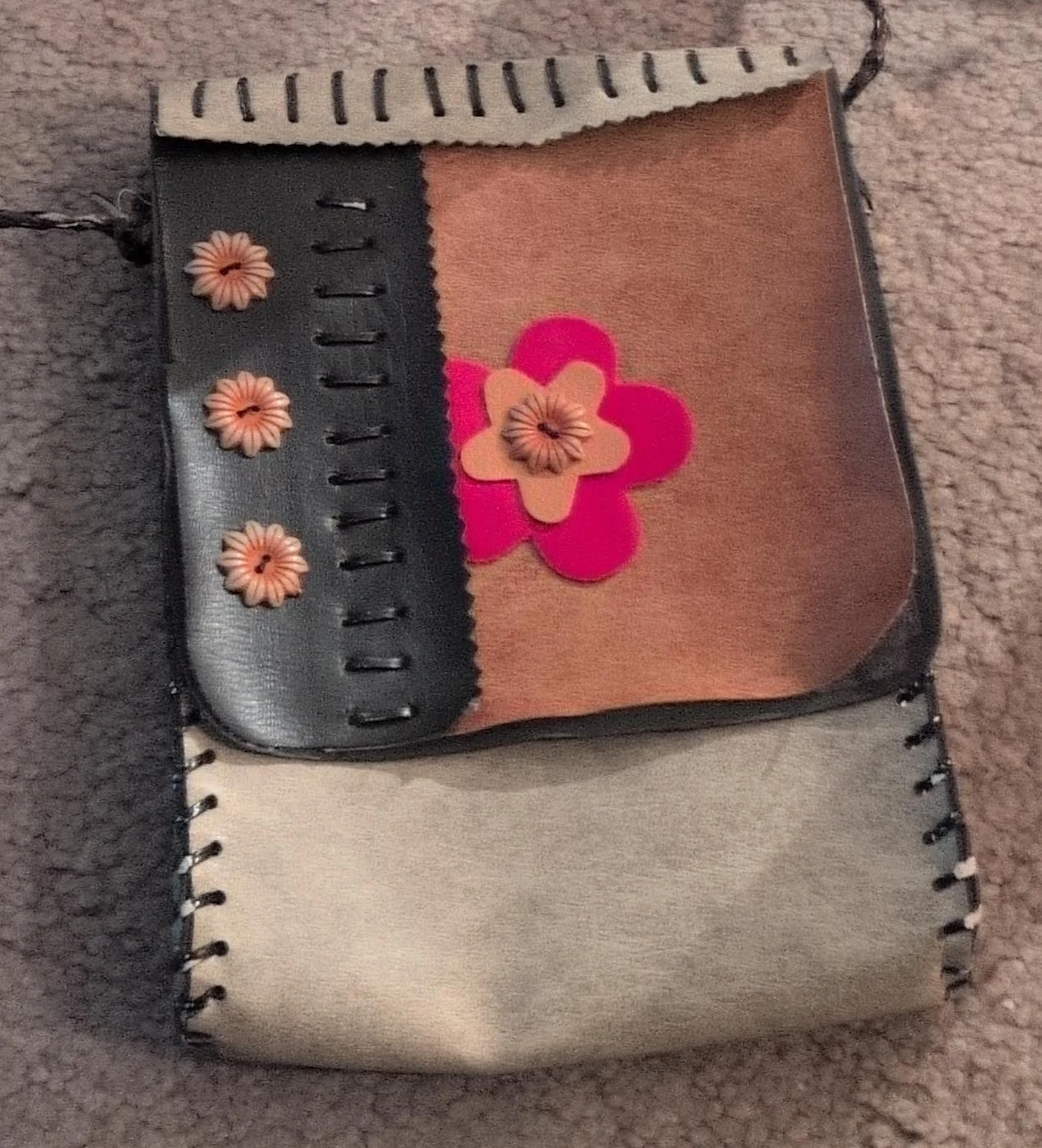 Handmade Leather Pouch with Floral Appliqués