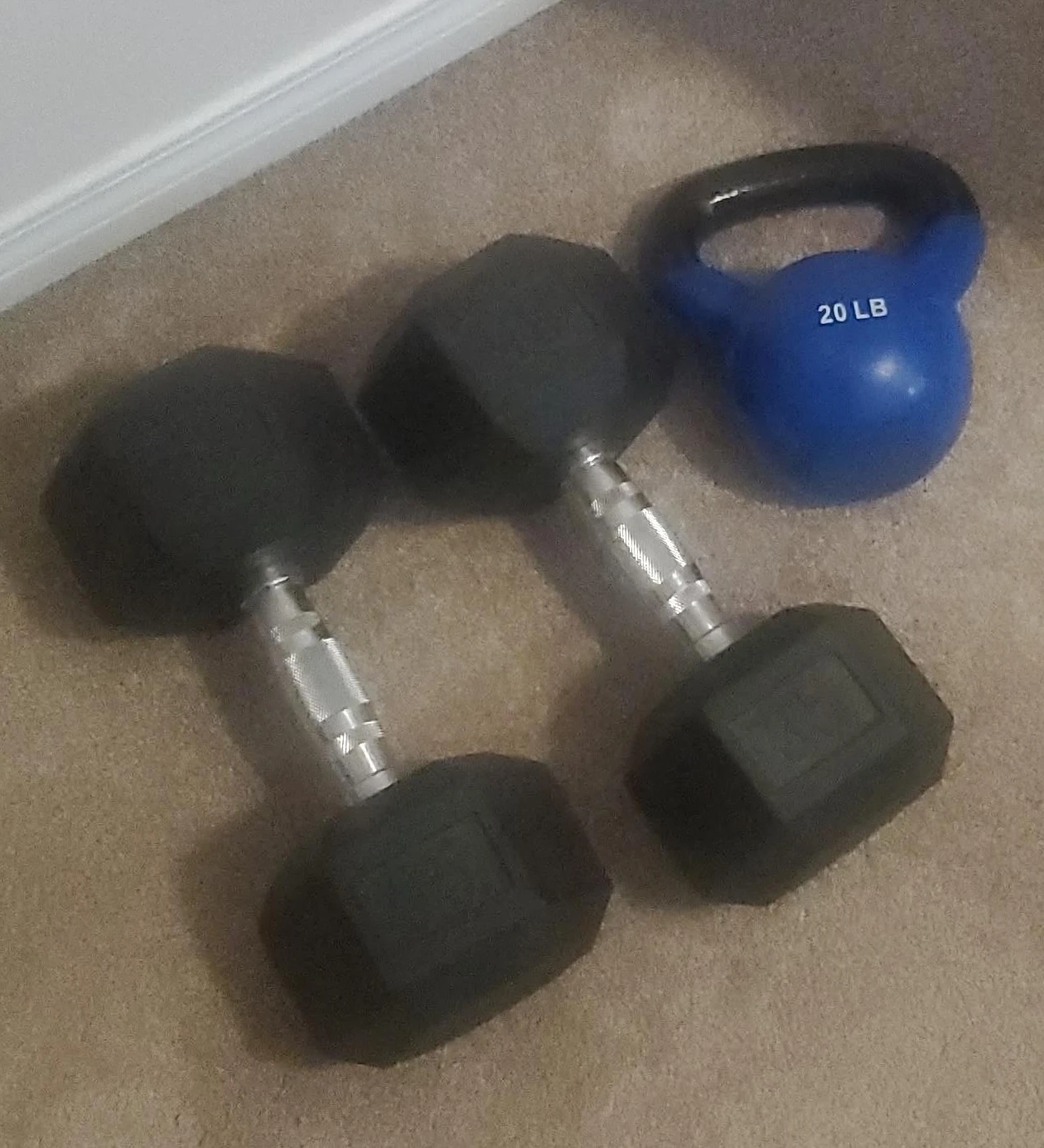 20 LB Kettlebell and Hex Dumbbells