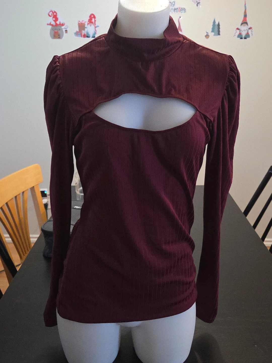 Maroon Ribbed Cut-Out Mock Neck Top