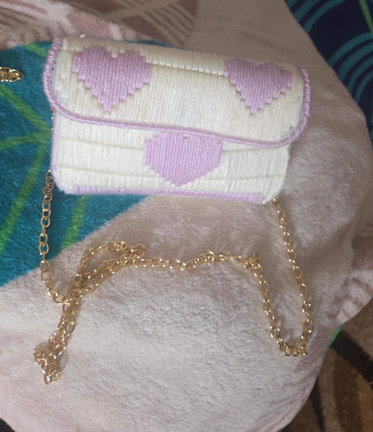 White and Purple Heart Clutch Purse with Gold Chain