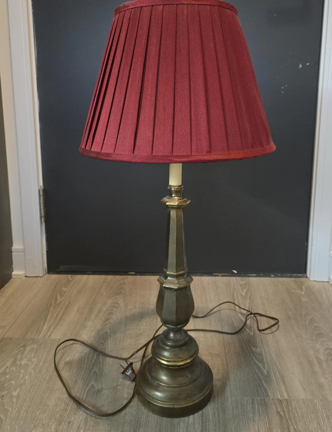 Vintage Brass Table Lamp with Red Pleated Shade