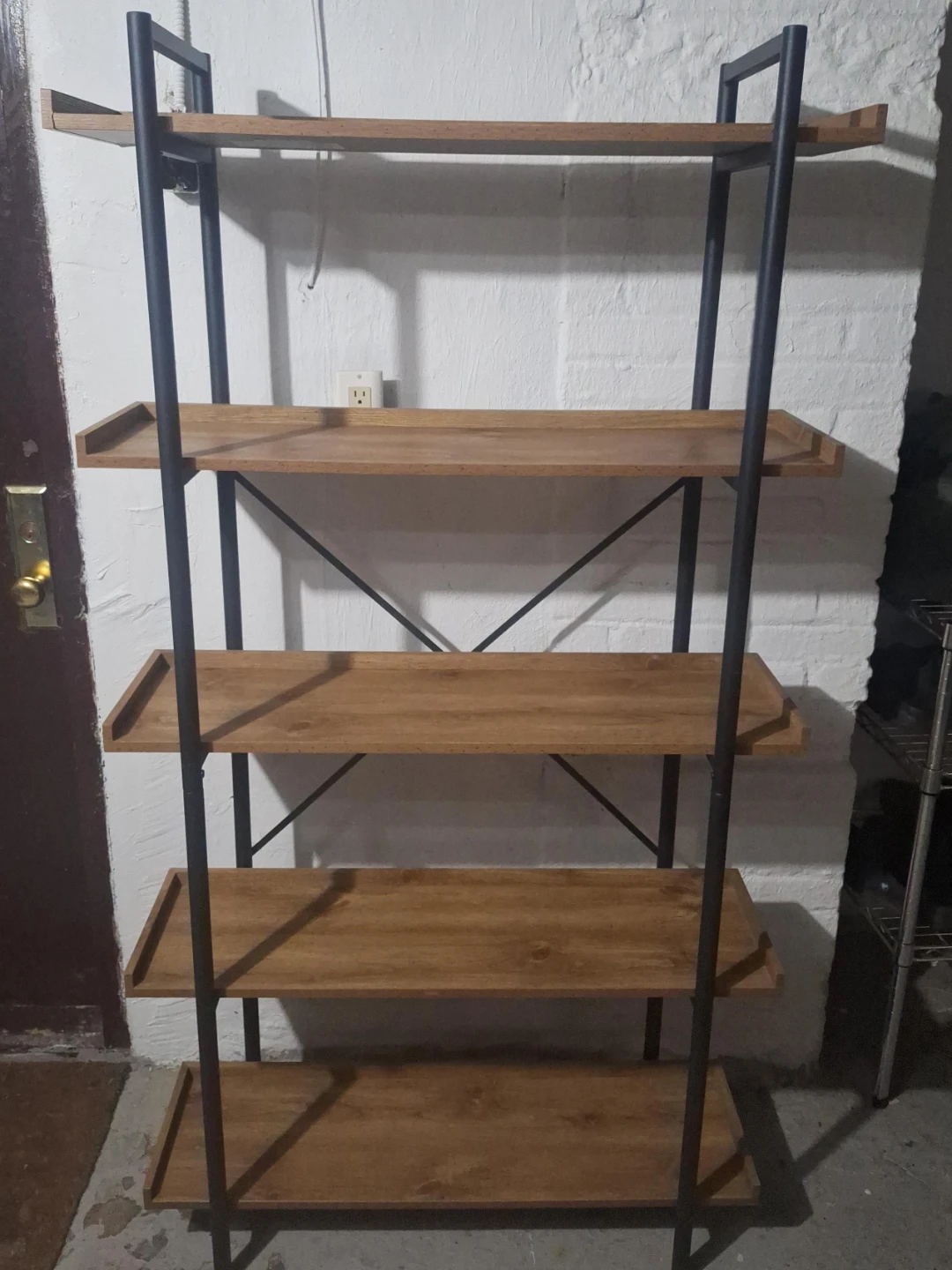 Tall 5-Shelf Bookcase with Wood Shelves and Black Metal Frame