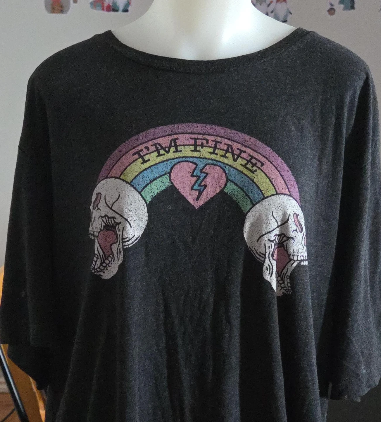 Dark Grey T-Shirt with "I'm Fine" Rainbow Skull Graphic