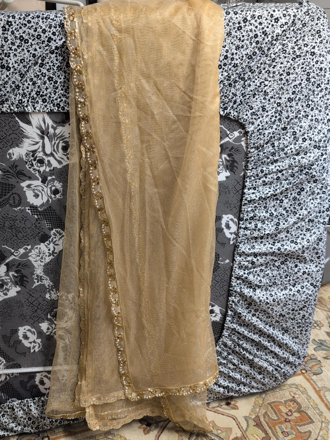 Gold Sheer Dupatta with Beaded Trim