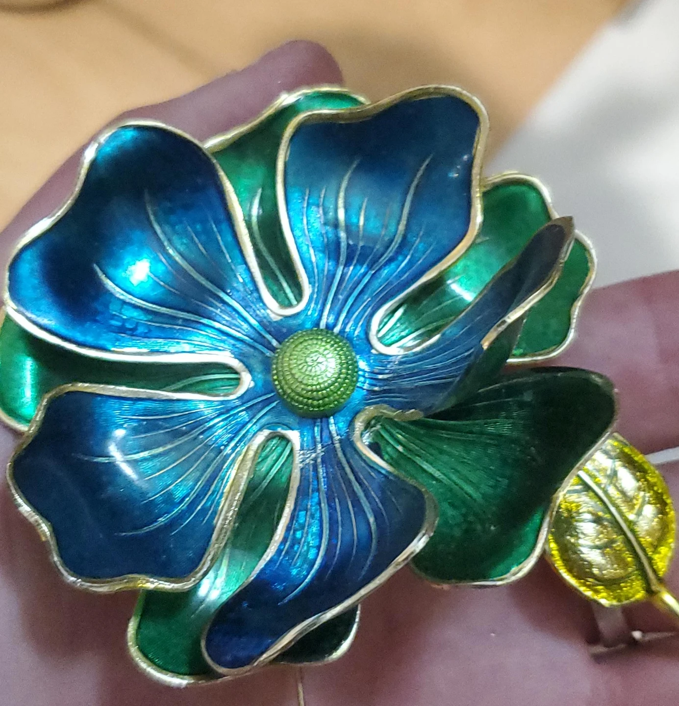 Blue and Green Enamel Flower Brooch