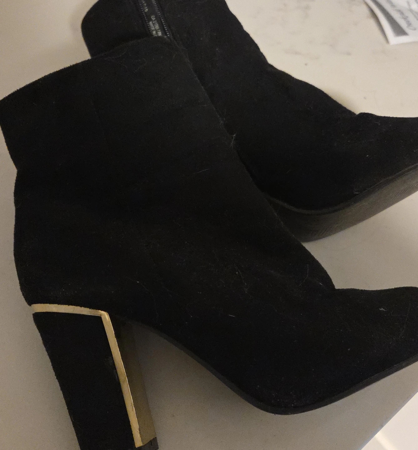 Black Suede Ankle Boots with Gold Heel Accent