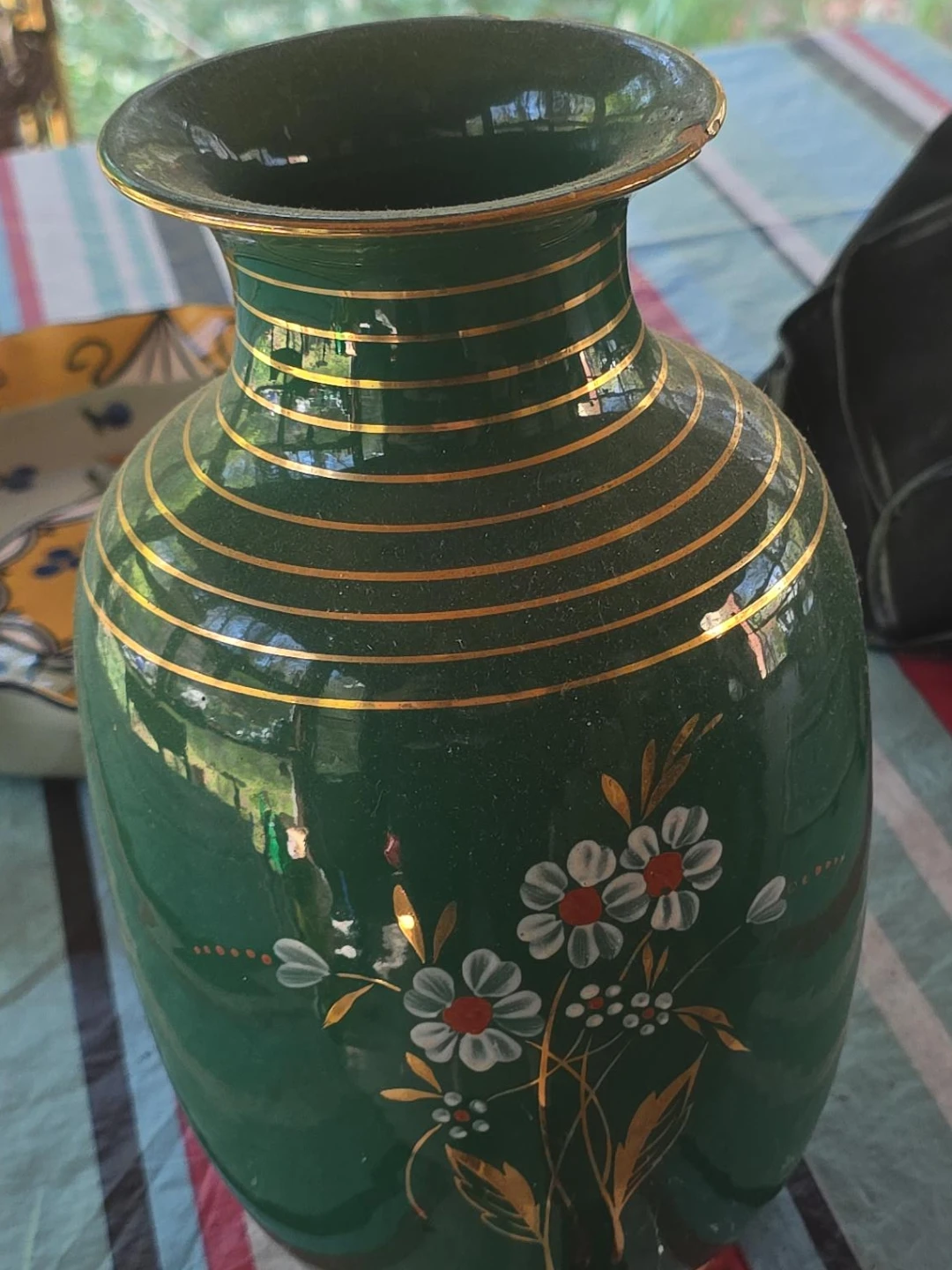 Green Decorative Vase with Gold Stripes and Floral Accents