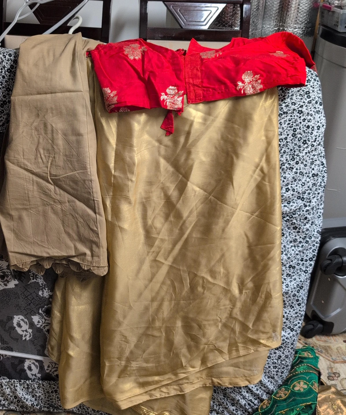 Gold Saree with Red Blouse and Brown paticoat
