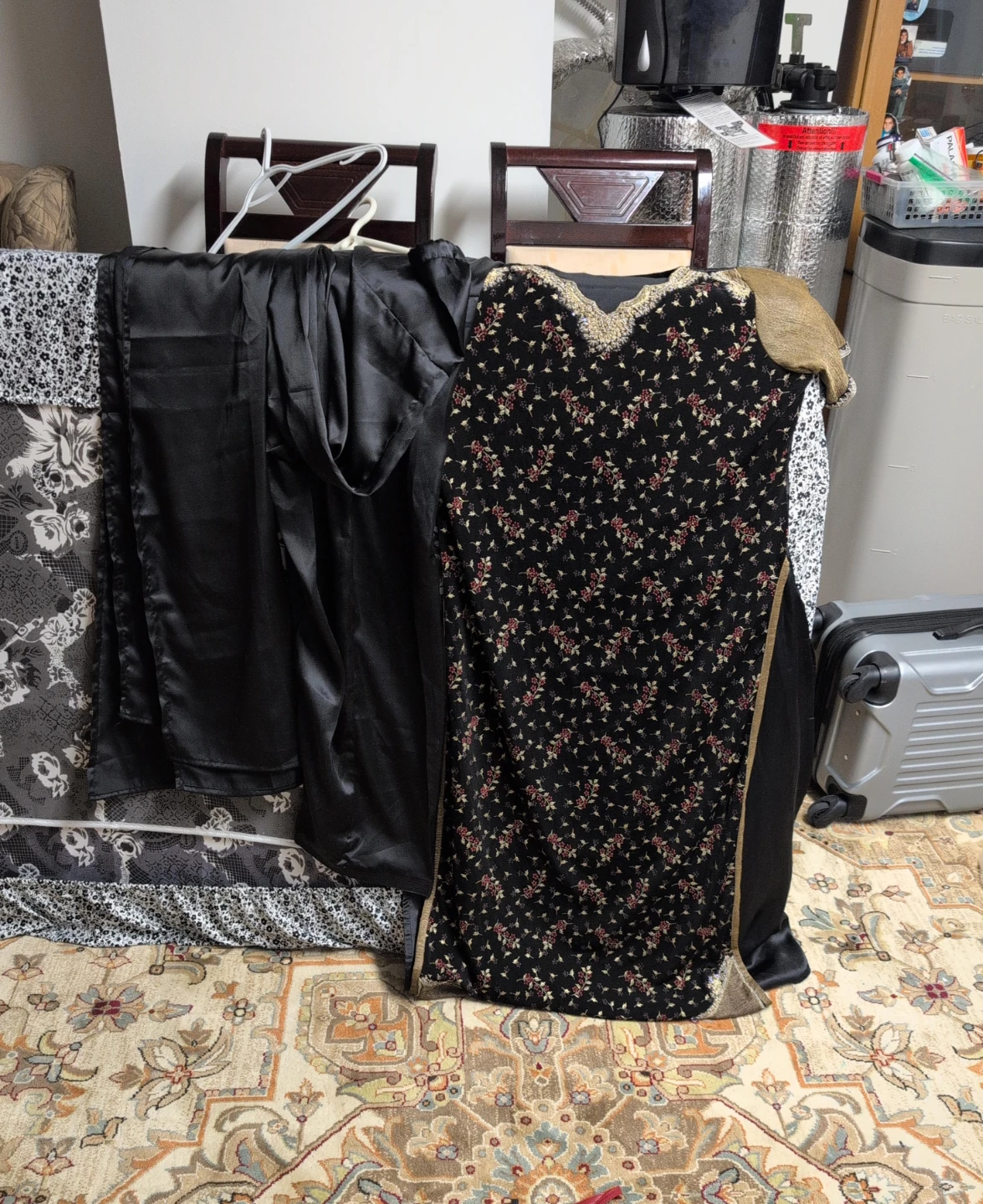 Black floral print dress with gold trim full suit