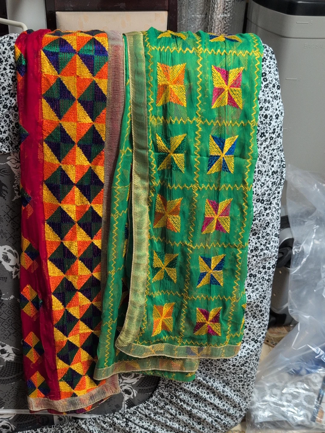 Embroidered Dupatta Scarf Red and Green