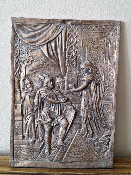 Vintage Bronze Tone Relief Plaque - Viking Scene
