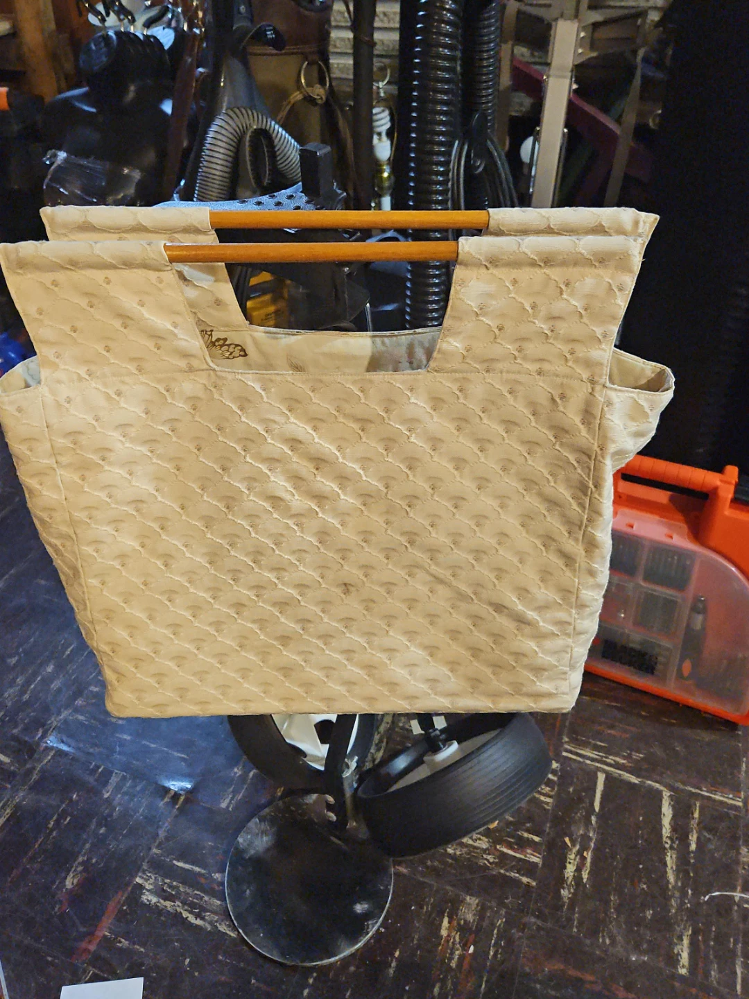 Quilted Tote Bag with Wooden Handles