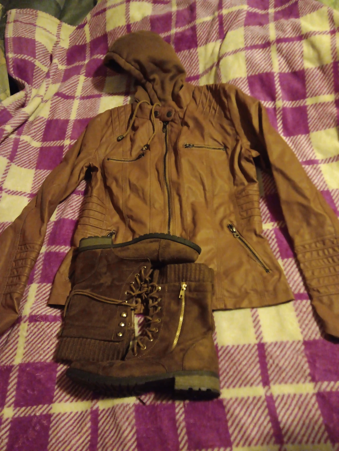 Brown Faux Leather Jacket with Hood and Brown Lace-Up Boots