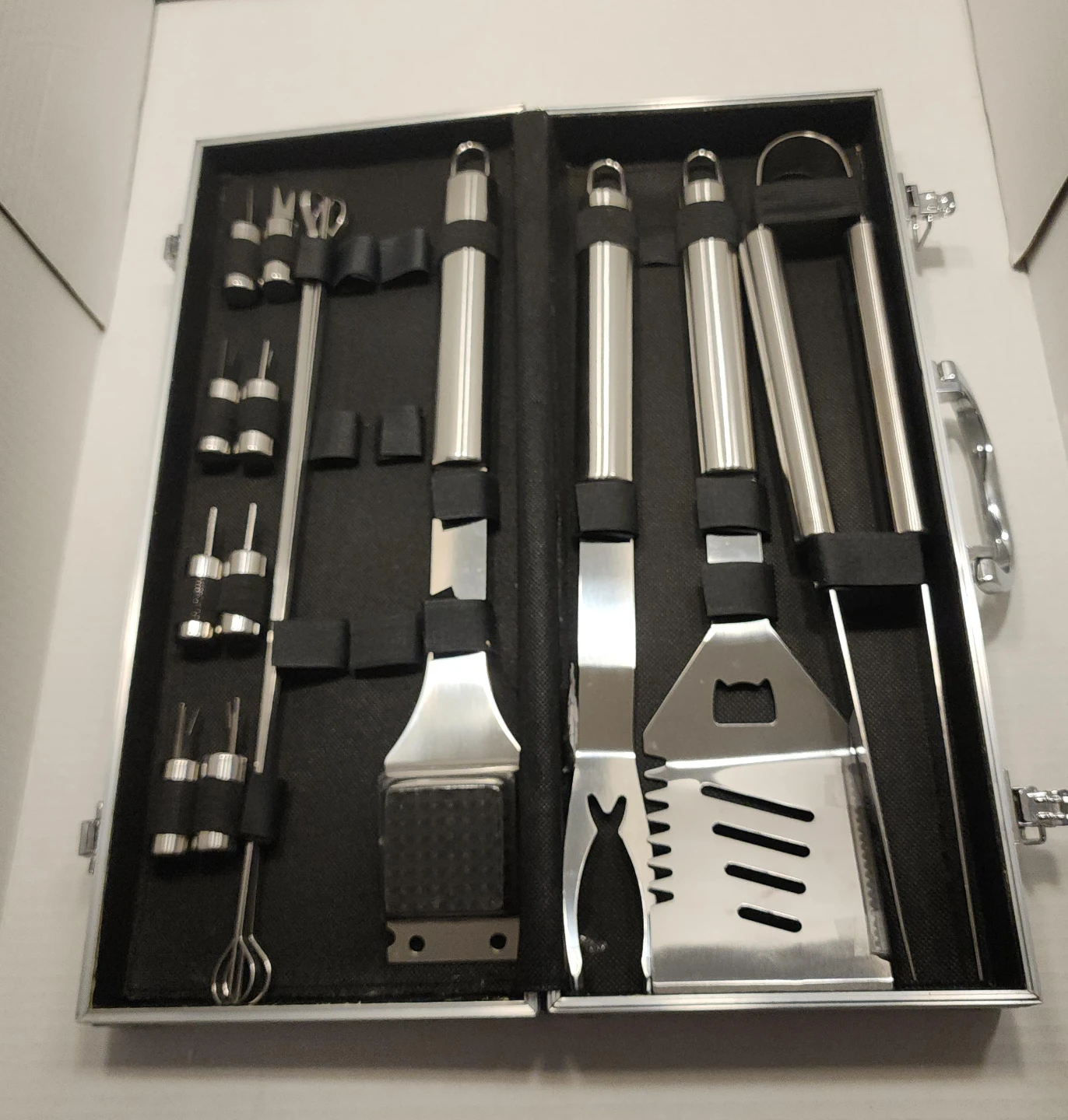 Stainless steel barbecue tool set in an aluminum storage case