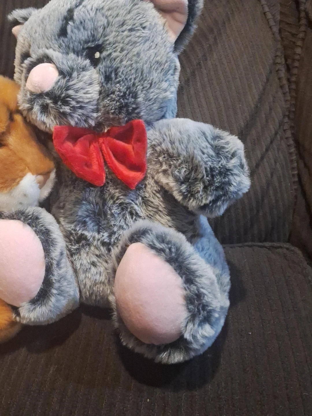 Grey plush cat with red bow tie