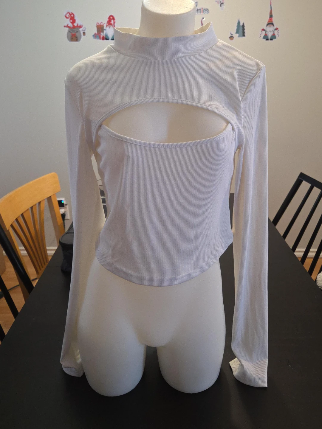 White Ribbed Cut-Out Long Sleeve Top