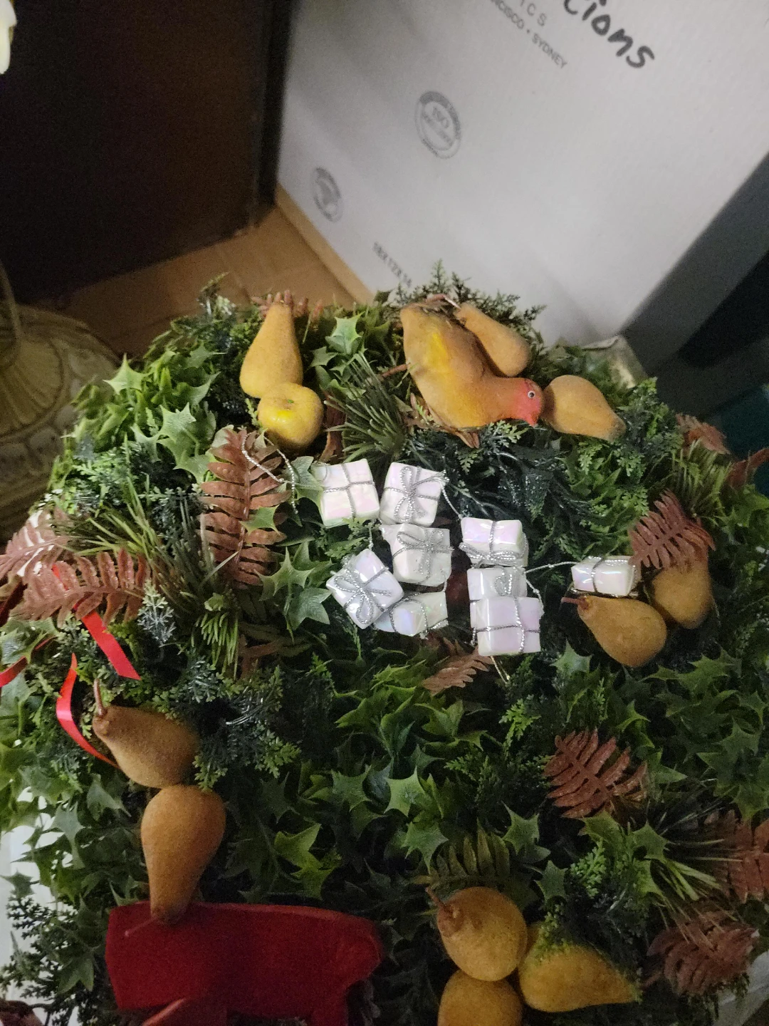 Christmas Wreath with Pears, Birds, and Mini Gifts