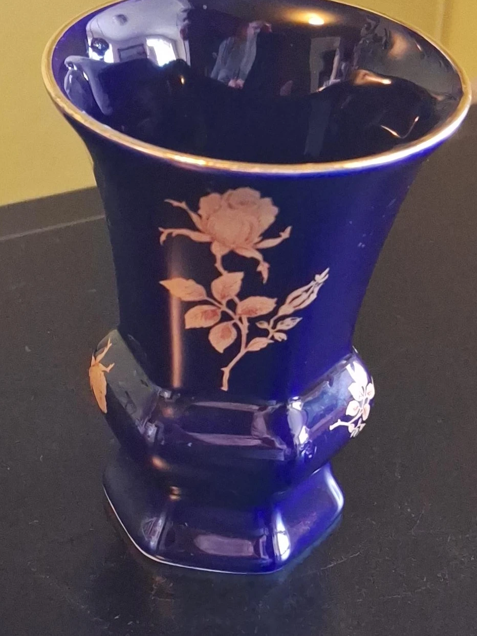 Blue Ceramic Vase with Rose Design