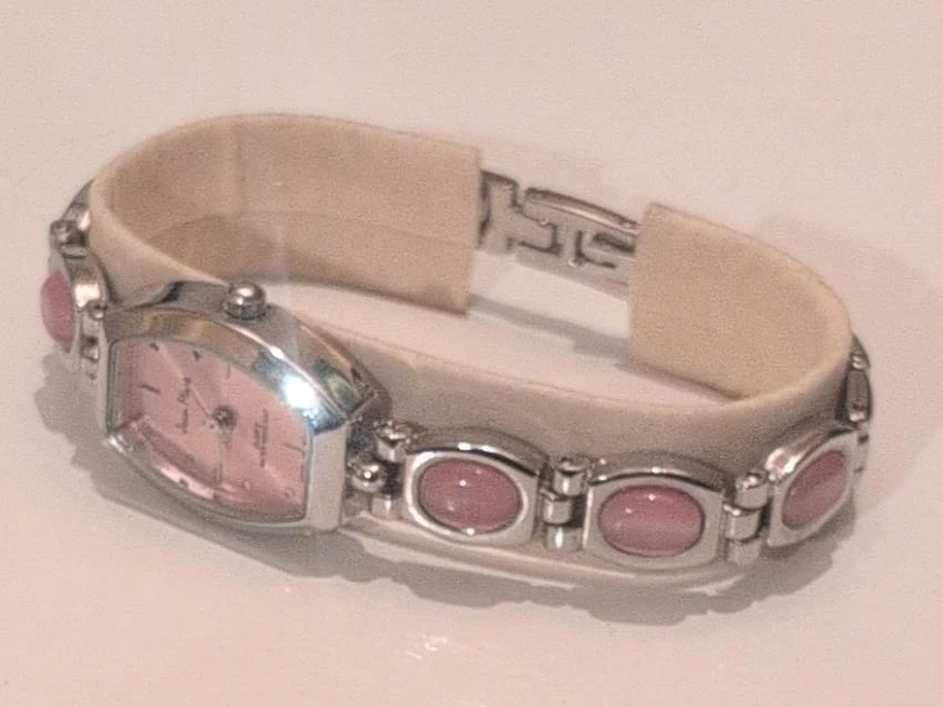 Anne Klein Pink Dial Watch with Oval Stone Accents