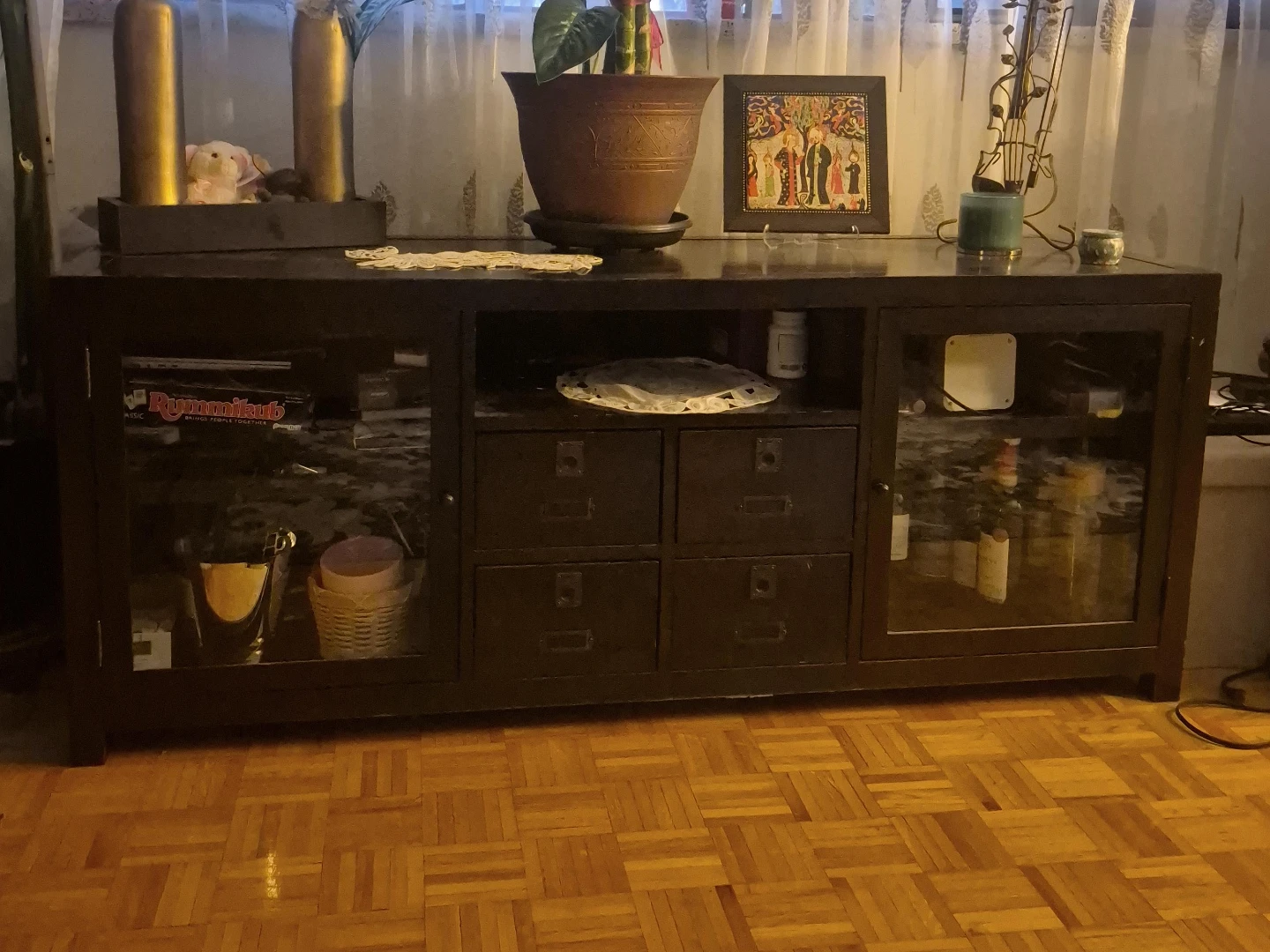 Dark Brown Media Console with Glass Doors and Drawers