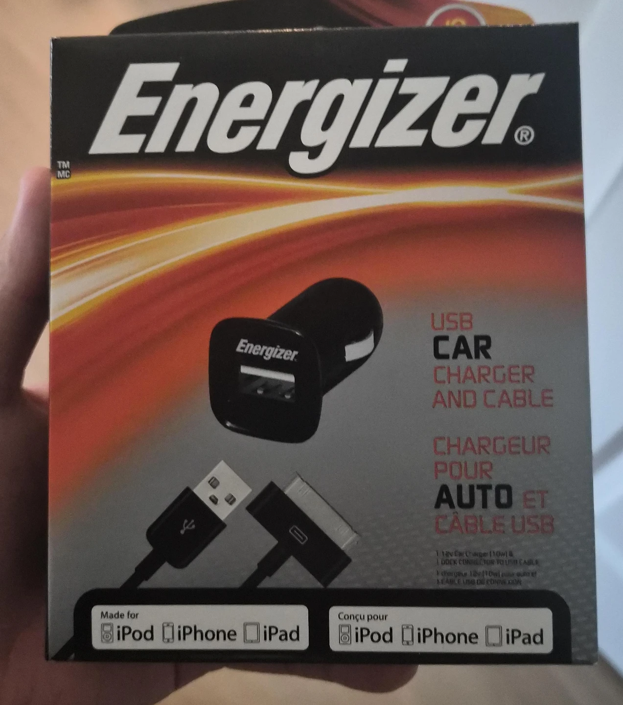 Energizer USB Car Charger and Cable for iPod, iPhone, iPad