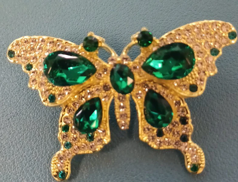 Gold-tone Butterfly Brooch with Green Rhinestones