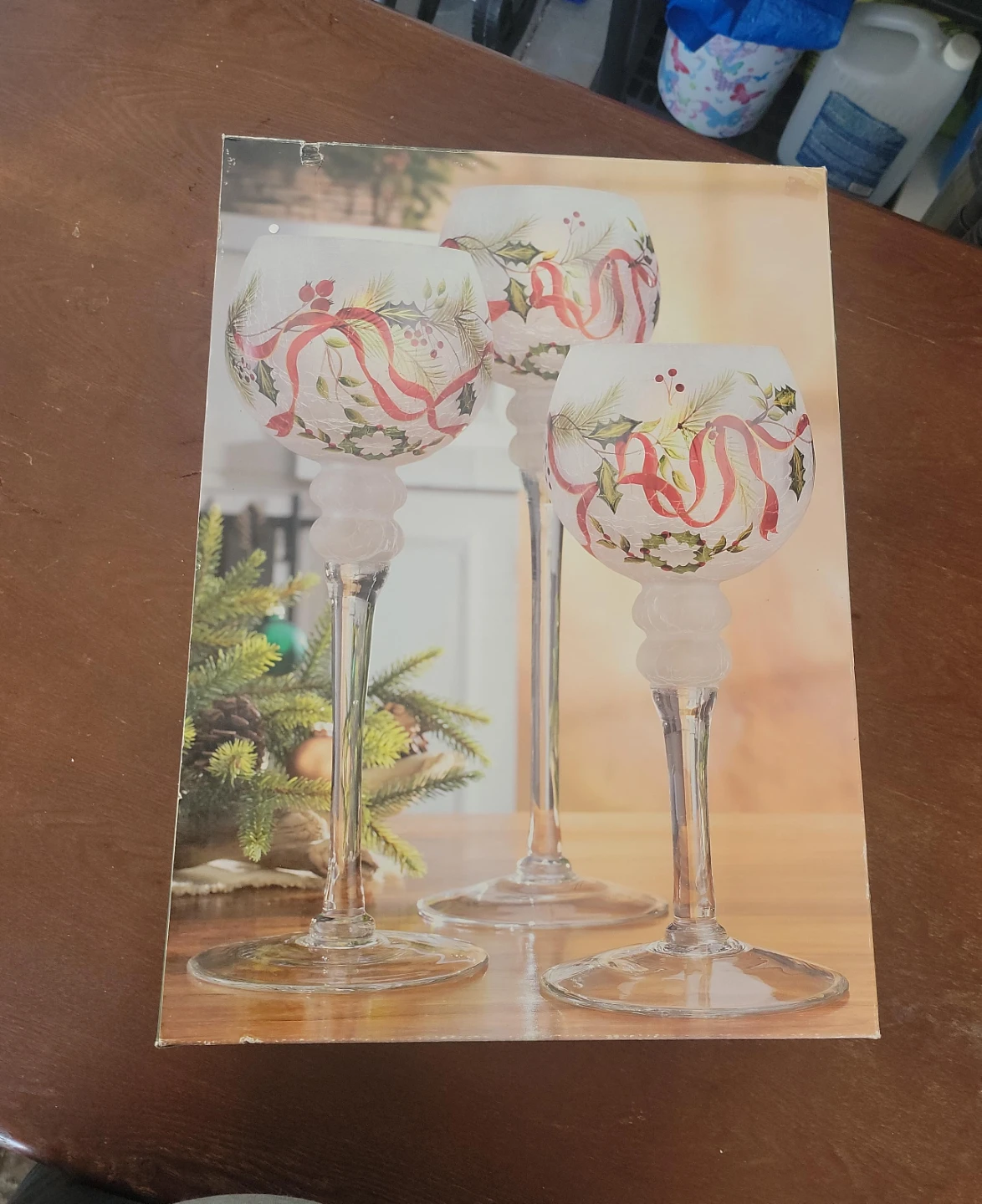 Glass Candlestick Holders with Christmas Ribbon Design
