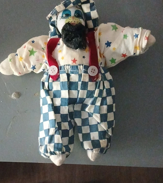 Handmade Clown Doll with Blue Checkered Overalls