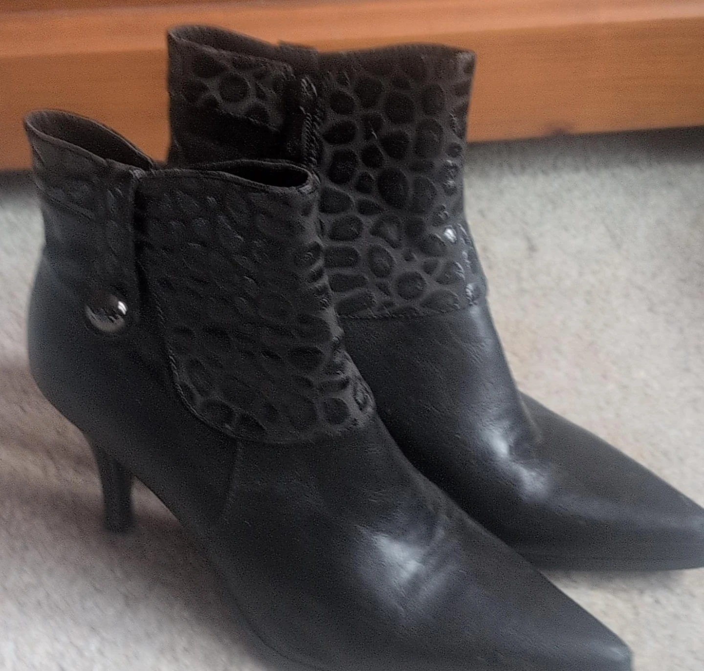 Black Faux Leather Ankle Boots with Leopard Print Detail