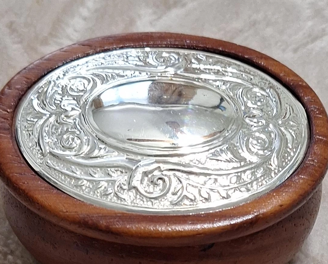 Decorative Wooden Trinket Box with Ornate Silver Lid