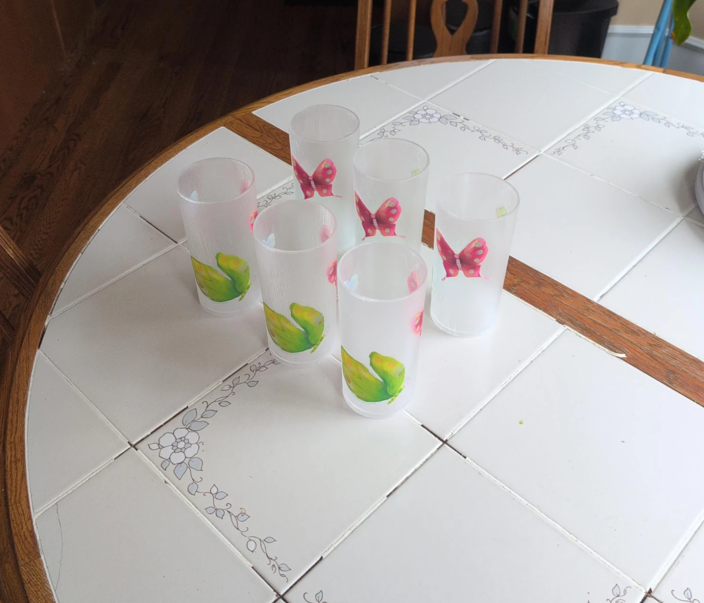 Set of 6 Frosted Glass Tumblers with Butterfly and Leaf Design