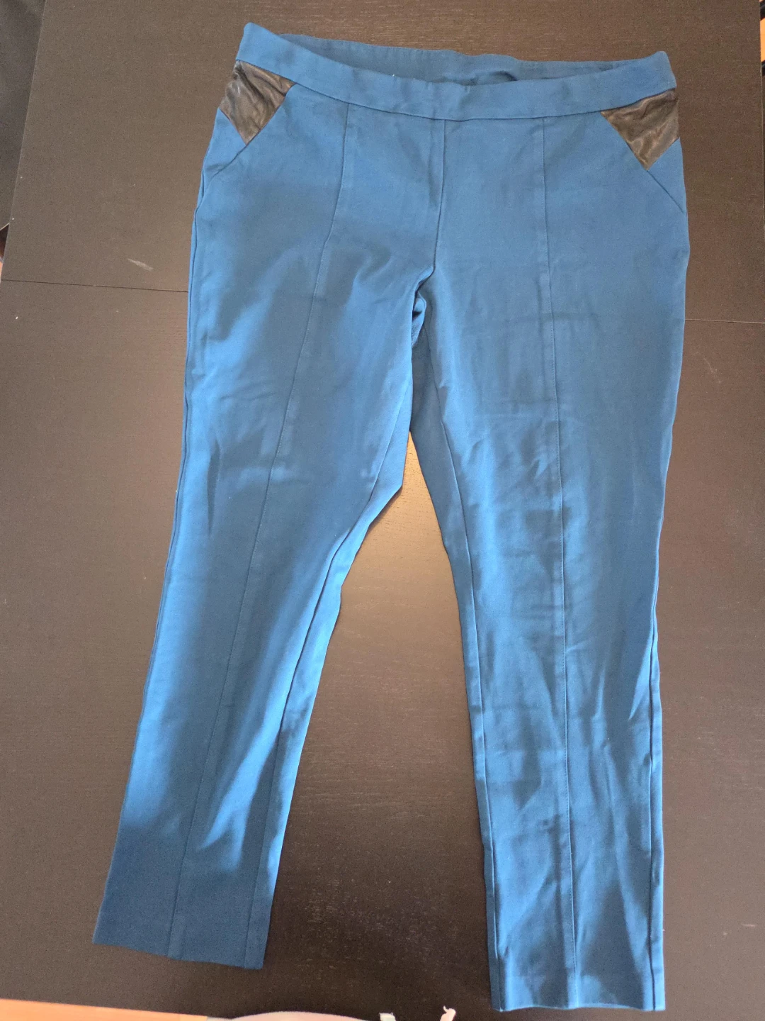 Blue Stretch Pants with Faux Leather Accents