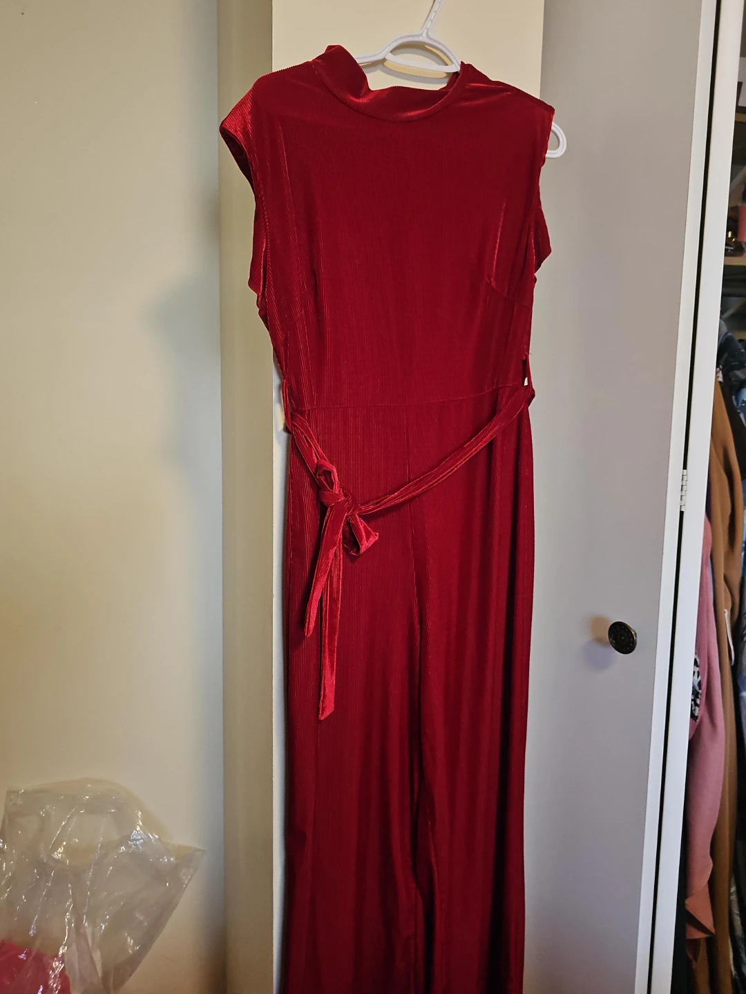 Red Ribbed Velvet Jumpsuit with Belt