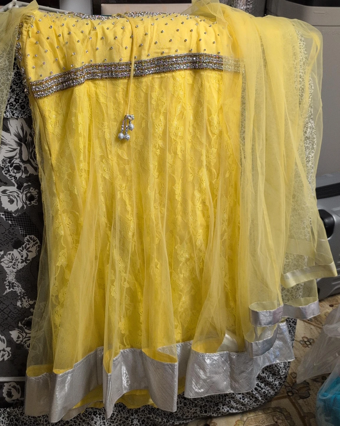 Yellow Lace Dress with Silver Trim