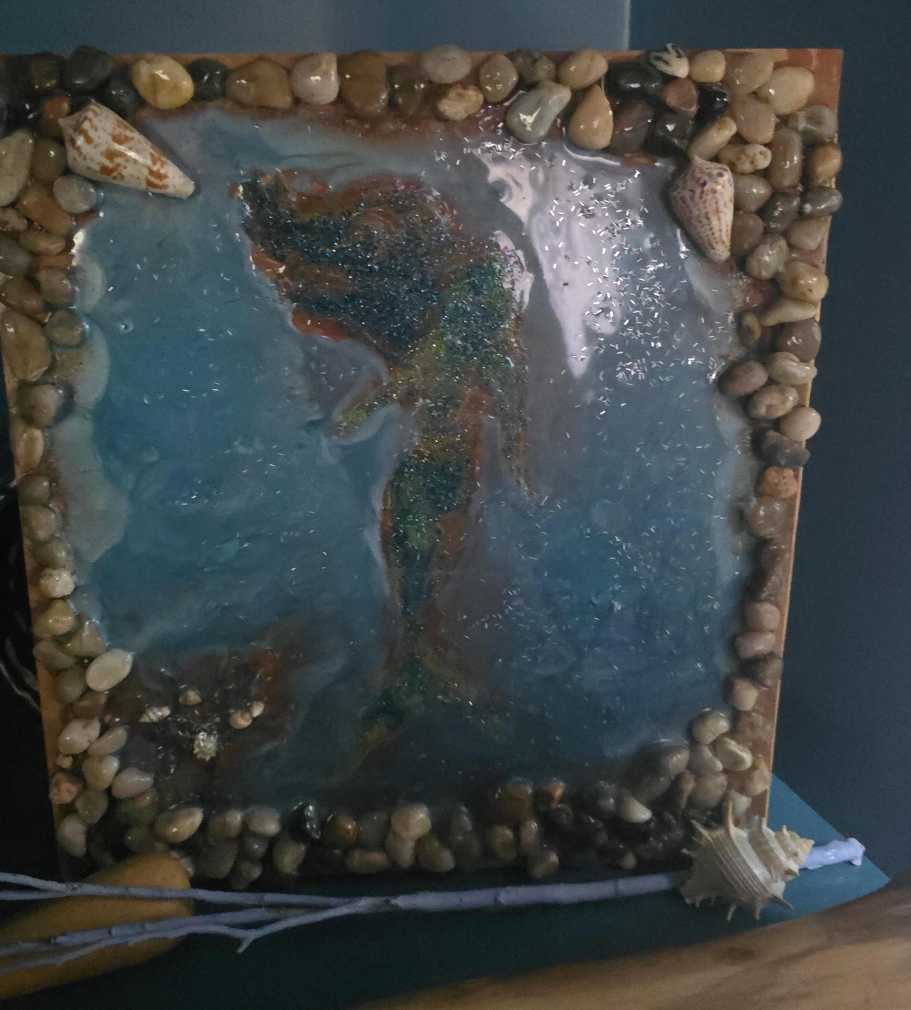 Resin Mermaid Art with Shells and Stones
