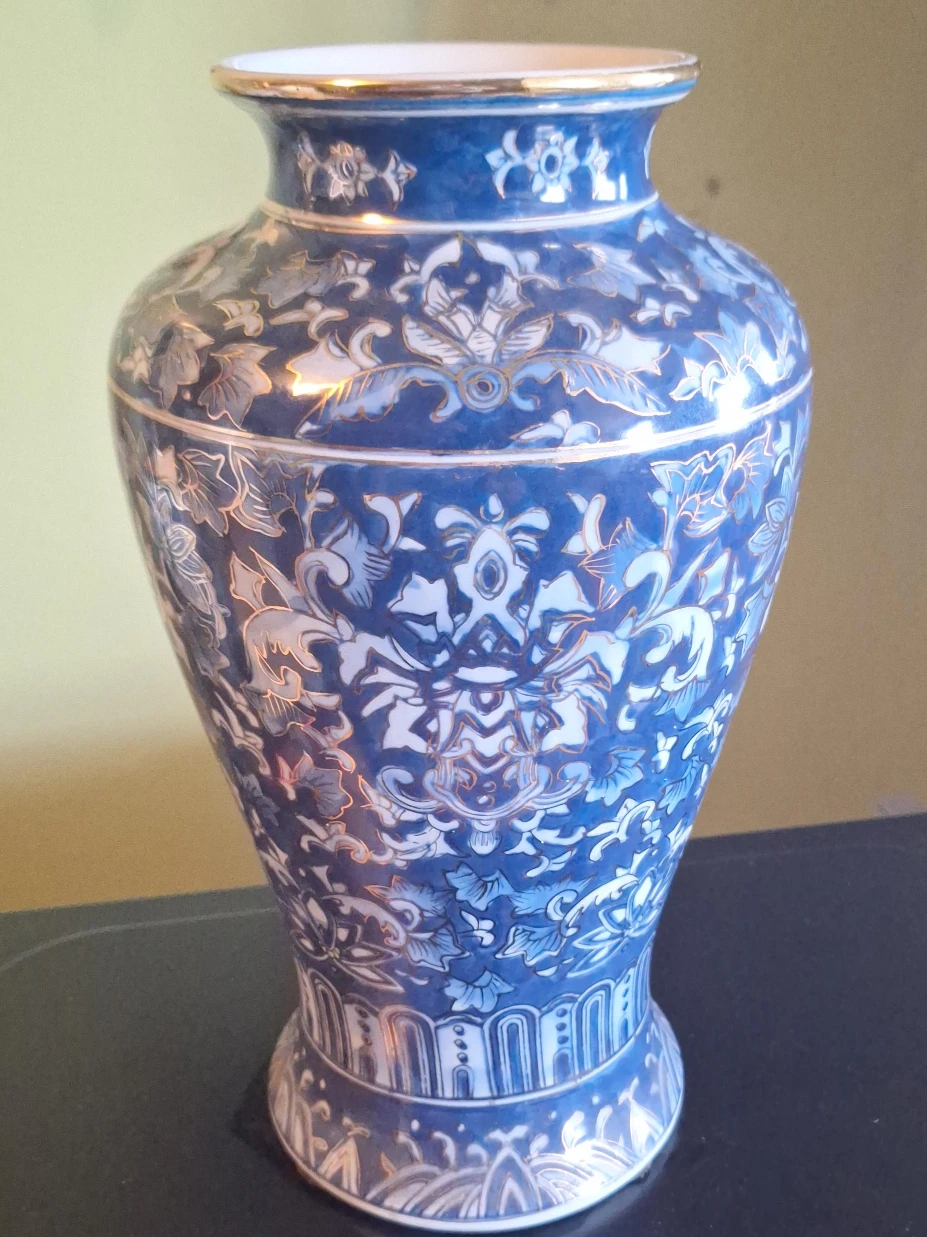 Blue and White Floral Ceramic Vase with Gold Trim