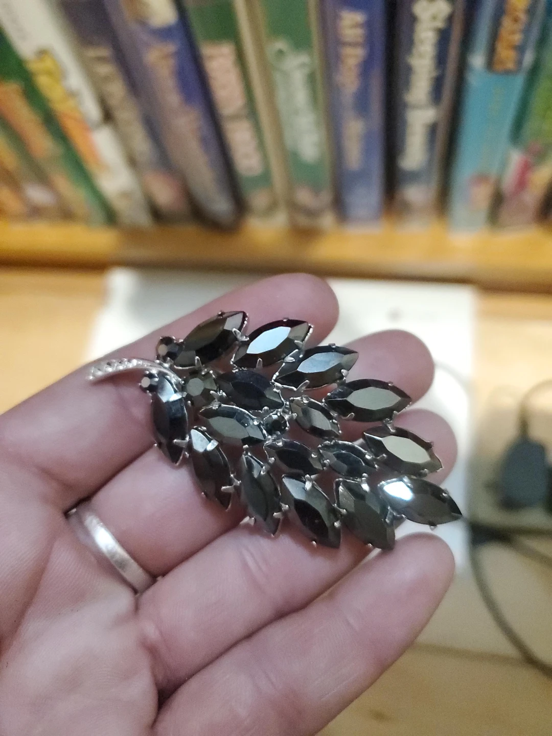 Vintage Black crystal leaf brooch